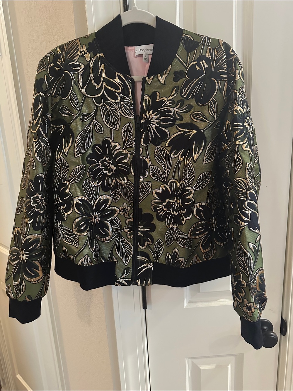 Stacey London Olive Green & Black Floral Bomber Jacket. Gold metallic accents. L